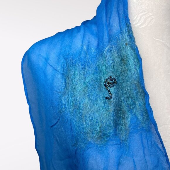 Blue Sheer Silky Scarf Beaded Felted Accents Artistic Lightweight Shawl - Picture 3 of 8